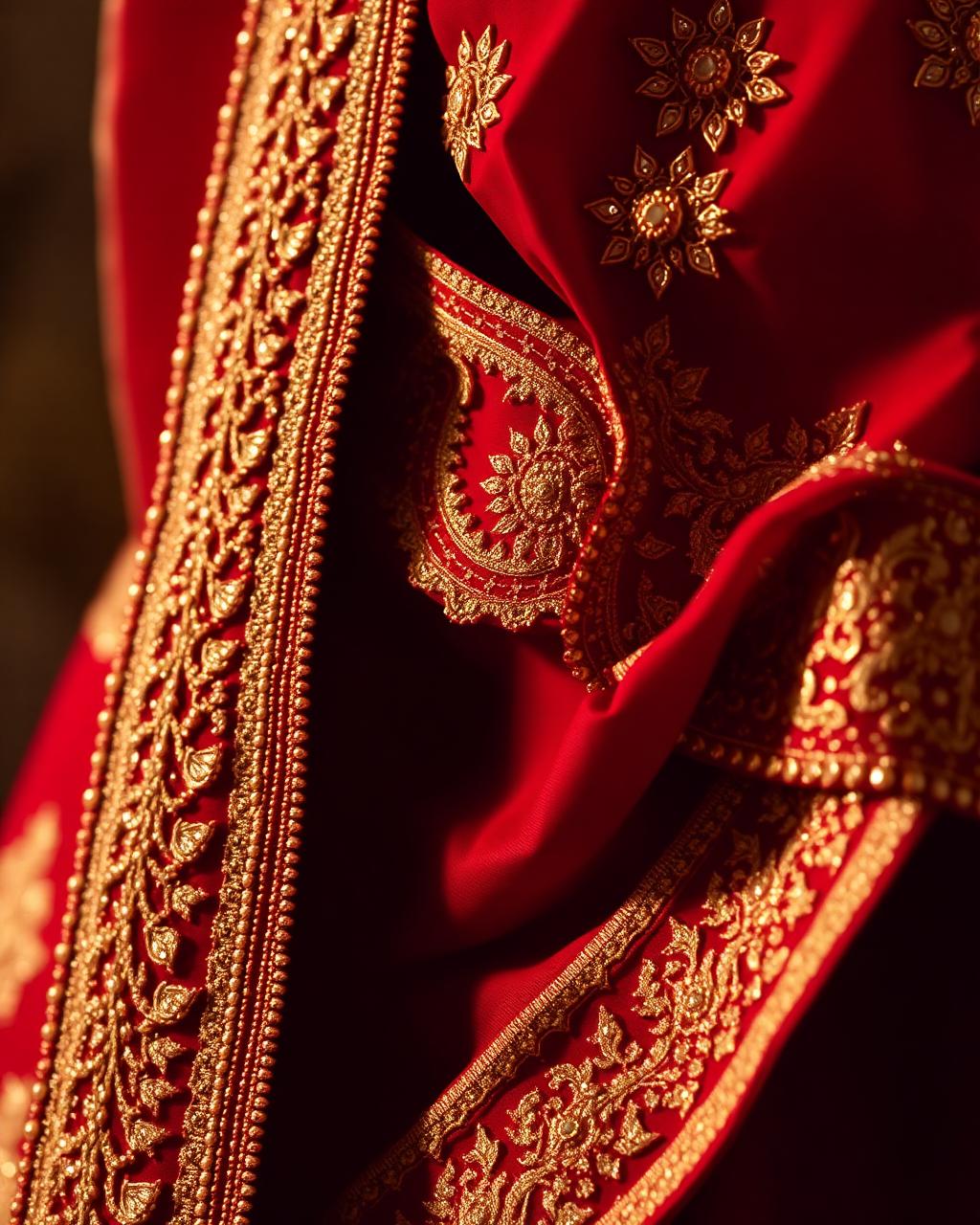 Detail of red bridal lehenga with intricate gold zari embroidery