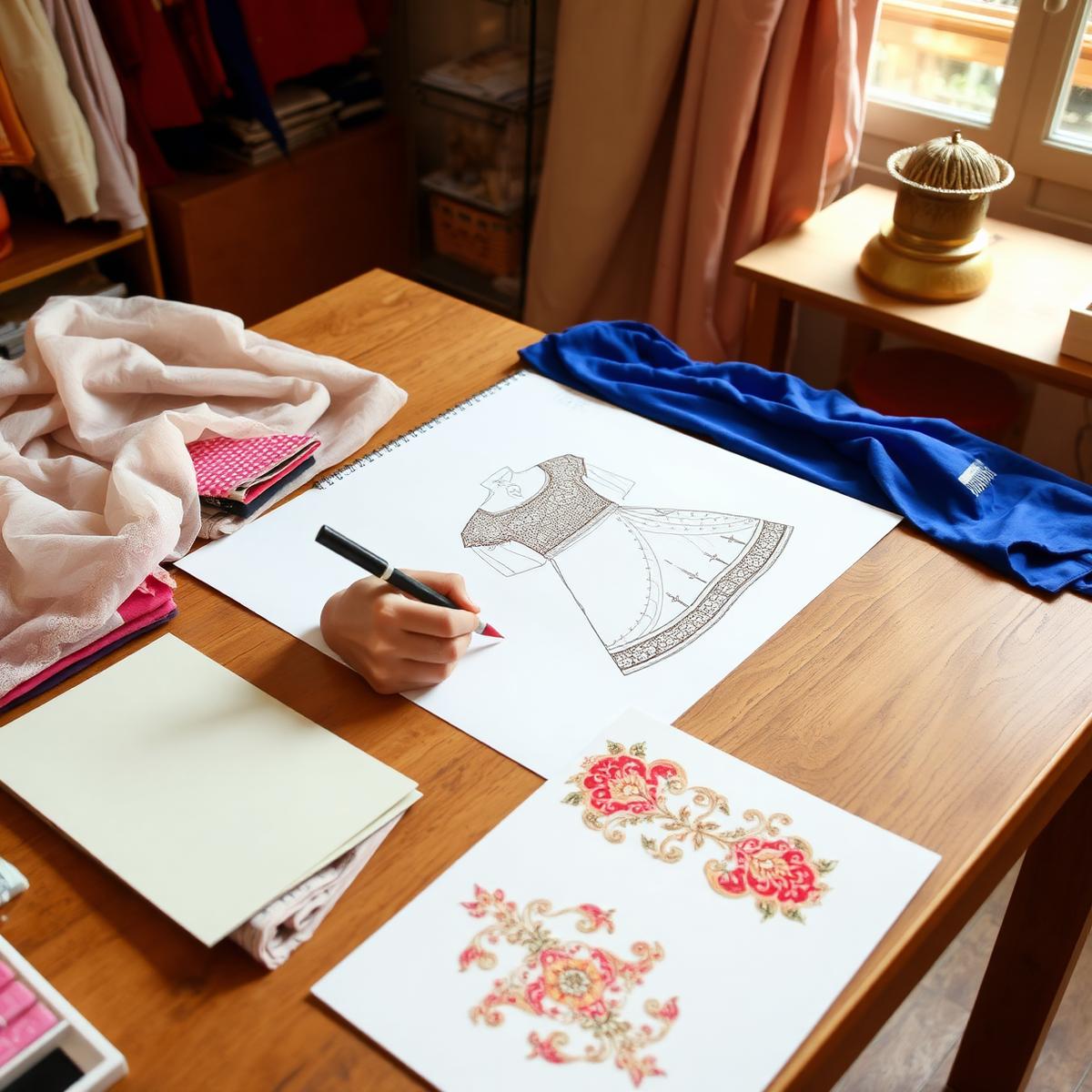 Designer sketching a custom bridal lehenga