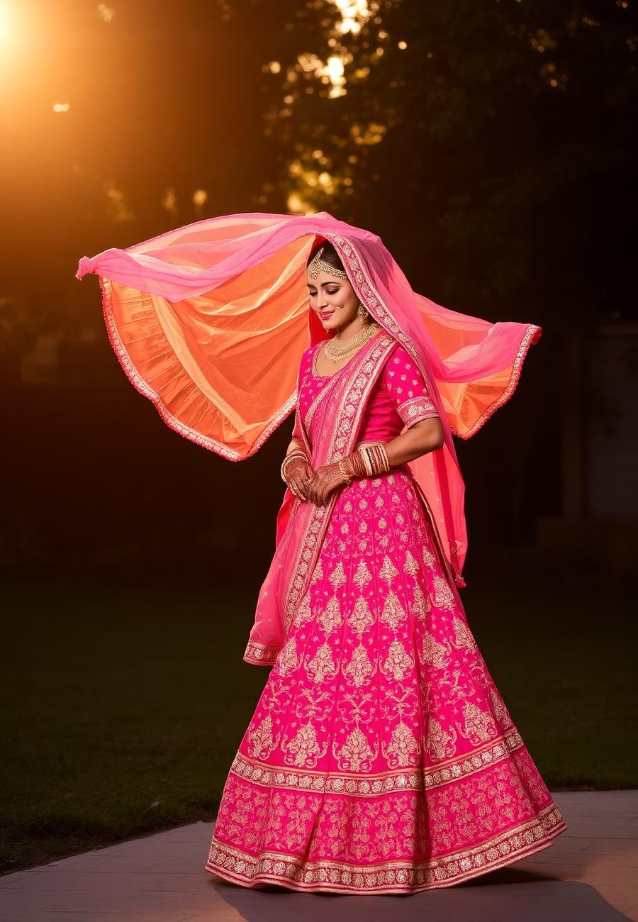 Bride in pink lehenga at golden hour