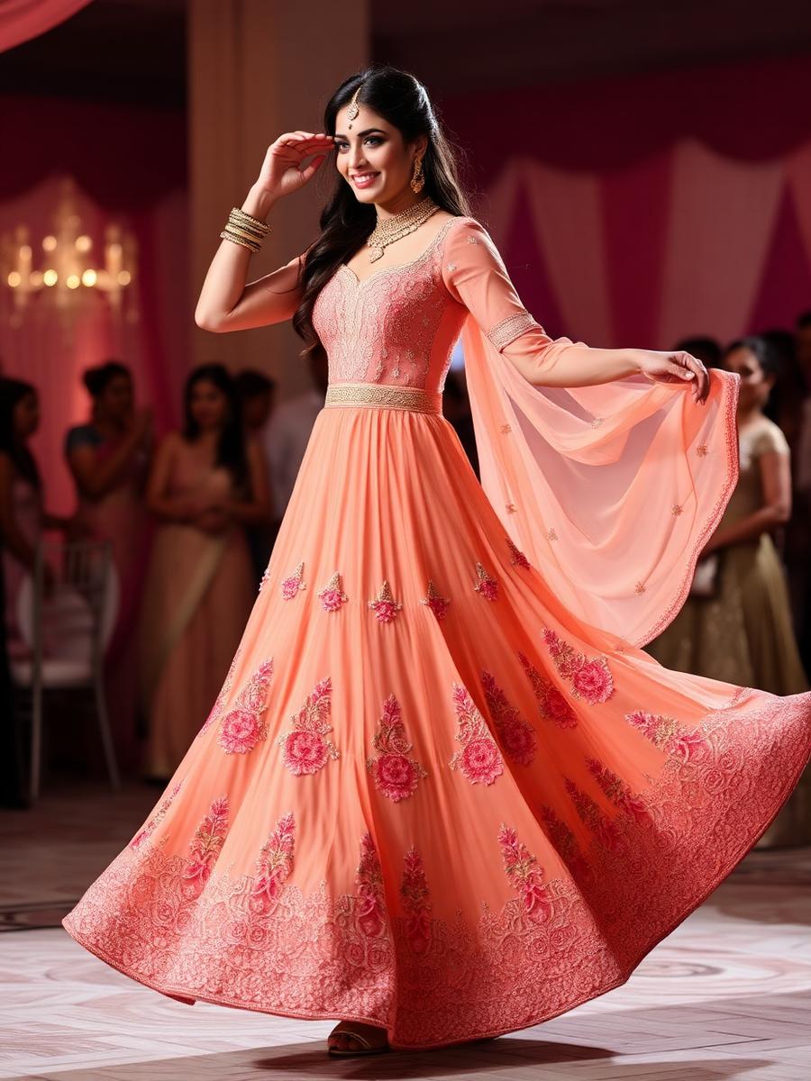 Woman in peach Anarkali gown at festive event