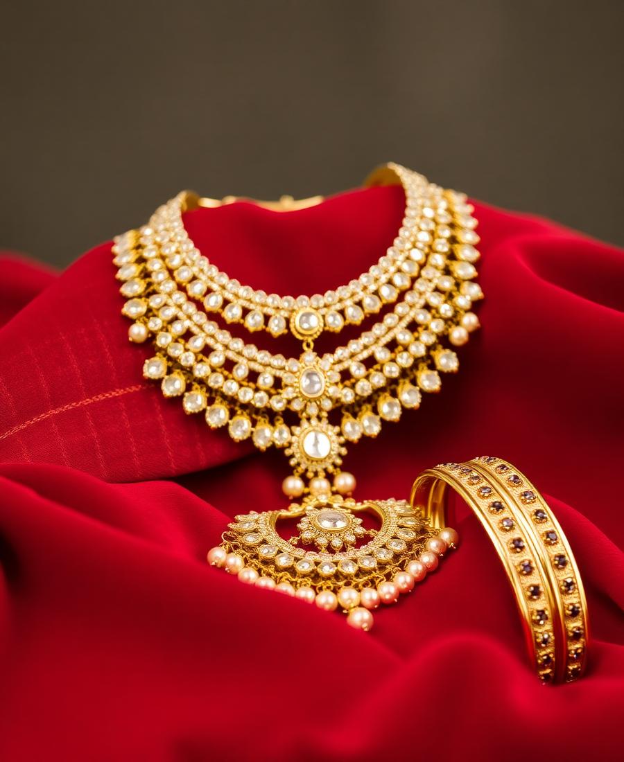 Layered gold bridal jewellery on red silk