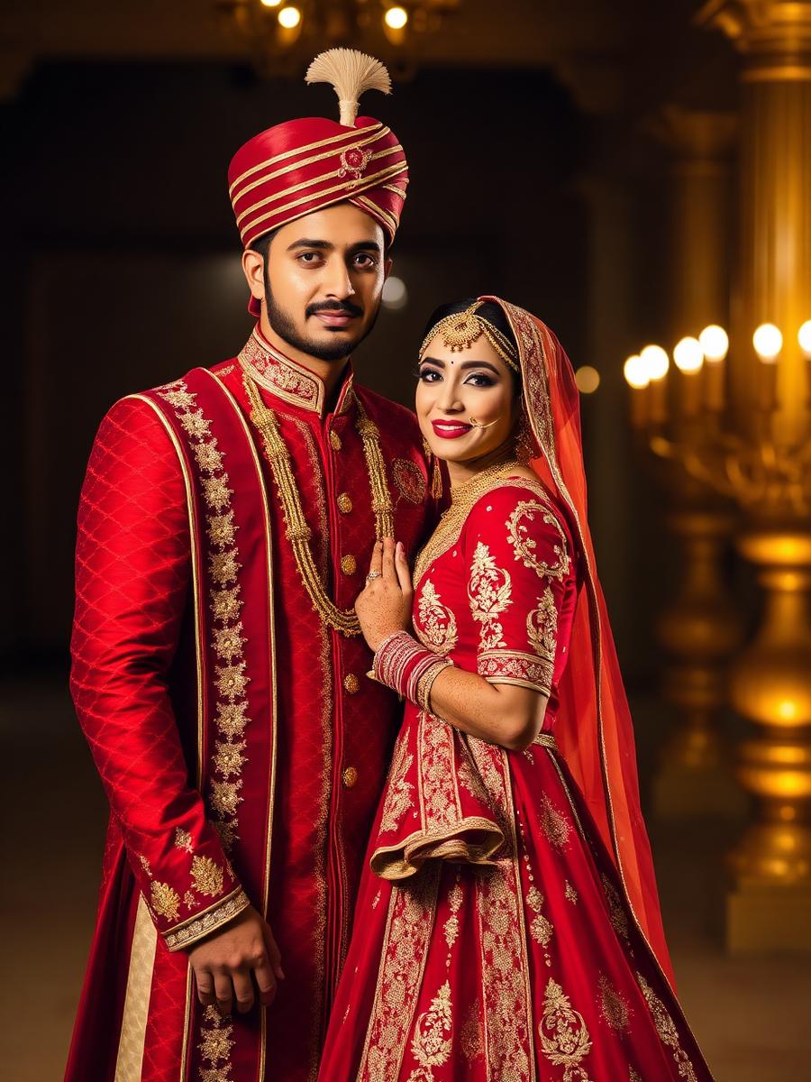 Bride and groom in traditional red and gold attire