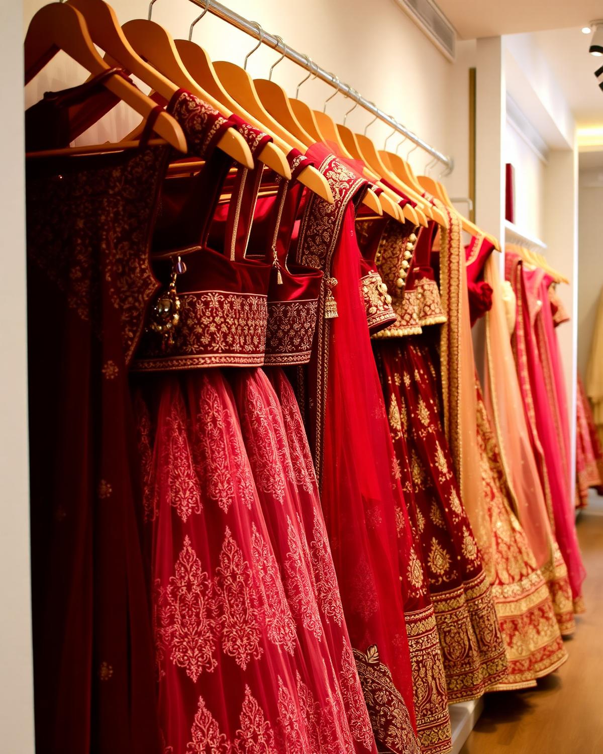 Rack of designer bridal lehengas available for rental
