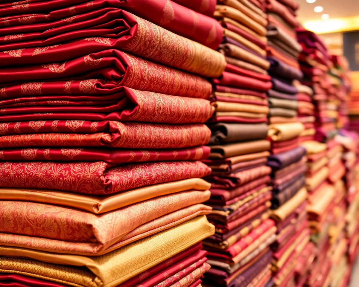 Stacks of premium Indian wedding fabrics in a showroom